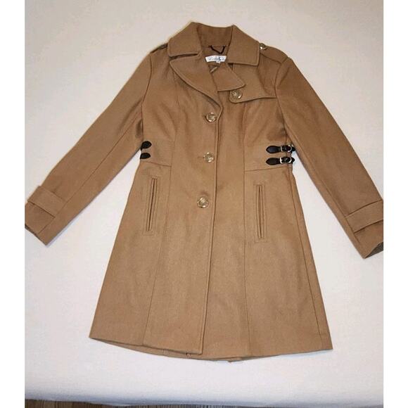 Kenneth Cole Coat Women Sz 6 Wool Pea Coat Camel Long Length Buckle - Picture 1 of 13